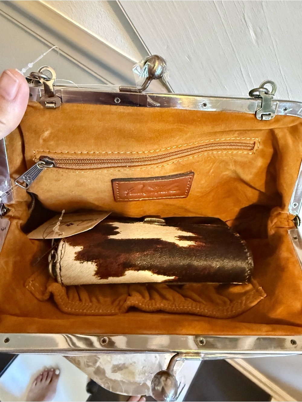 Patricia Nash real fur Cowhide Crossbody & Frame Satchel Set - Brown & White - Picture 8 of 12